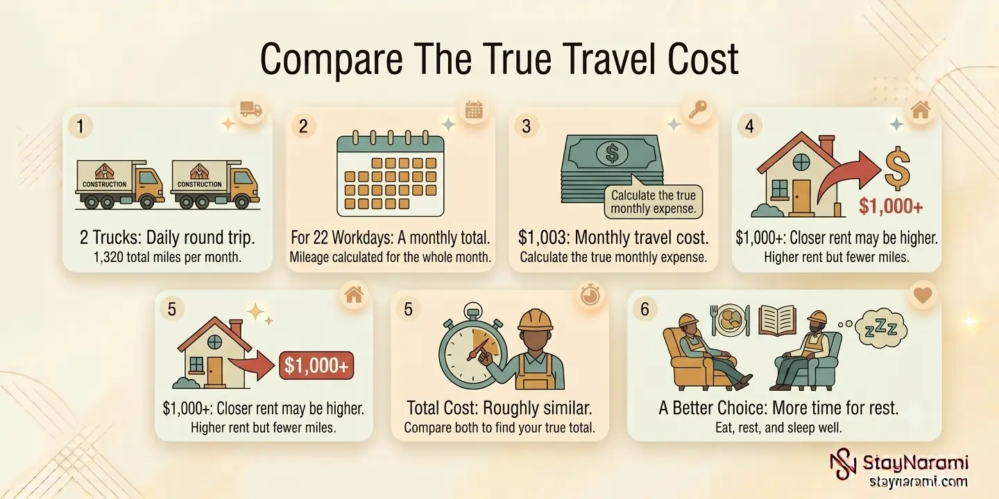Infographic comparing commute travel costs to closer housing costs, showing a $1,003 monthly travel expense versus $1,000+ rent for nearby housing