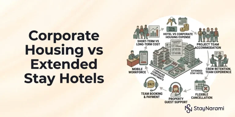 Side-by-side comparison of corporate housing apartment and extended stay hotel room