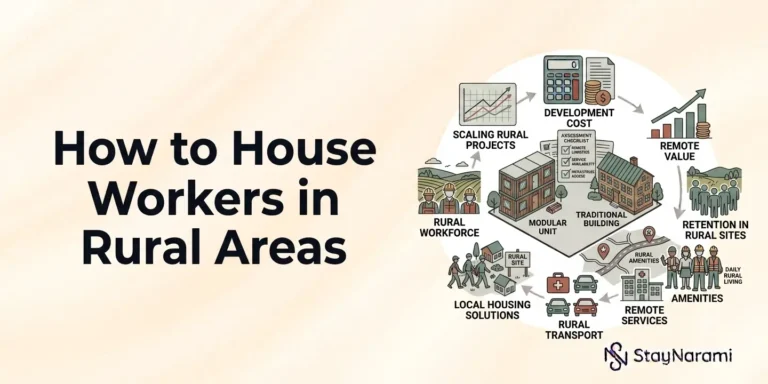 Infographic illustrating oilfield man camp and rural worker housing options including modular units, rural transport, and local housing solutions
