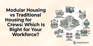 Modular workforce housing units installed near a remote construction job site