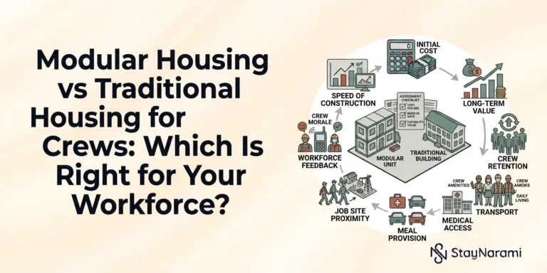 Modular workforce housing units installed near a remote construction job site