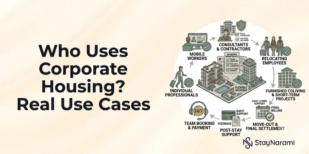 Diverse professionals including a nurse, construction worker, and family using corporate housing
