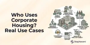 Diverse professionals including a nurse, construction worker, and family using corporate housing