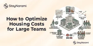 Employees sharing a furnished corporate rental home to lower housing costs per person