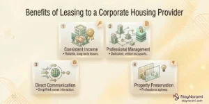 Illustration of the benefits of leasing to a corporate housing provider, showing a property owner handing over keys alongside icons for steady income and low vacancy.