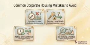 Illustration of common corporate housing mistakes to avoid, showing a checklist of things to review before booking.