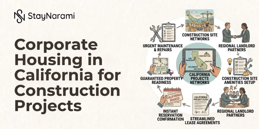 Illustration of corporate housing in California for construction projects, showing furnished stays for crews and project teams.