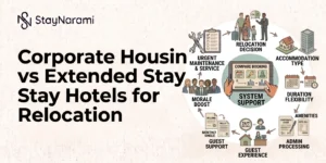 Illustration comparing corporate housing and extended stay hotels for relocation, showing a furnished apartment next to a hotel room.