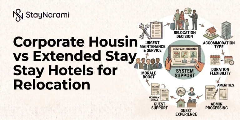Illustration comparing corporate housing and extended stay hotels for relocation, showing a furnished apartment next to a hotel room.