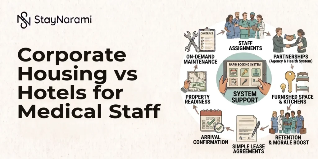Illustration comparing corporate housing and hotels for medical staff, showing furnished apartments versus hotel rooms.