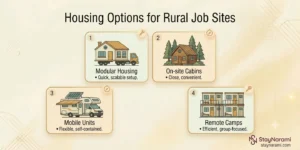Illustration of housing options for rural job sites, showing furnished stays and crew housing near a remote work location.