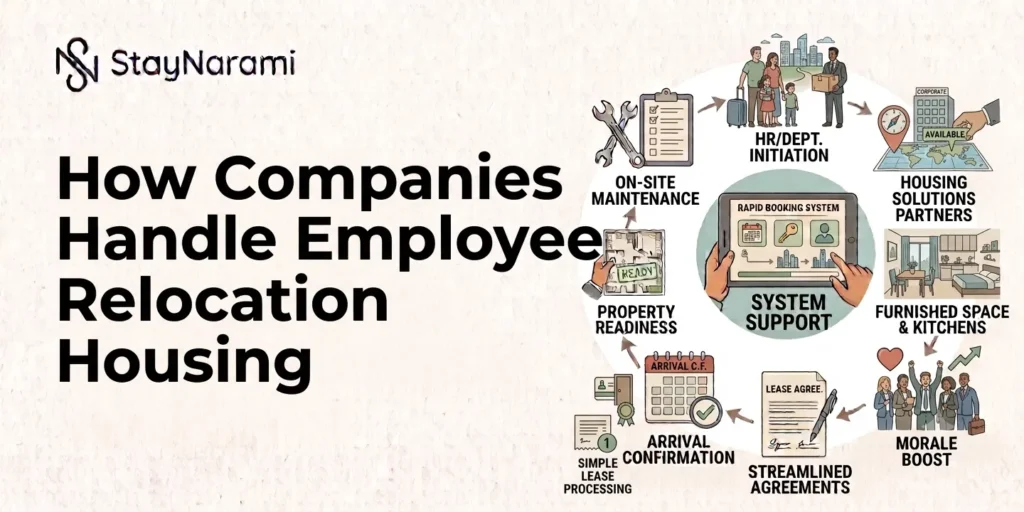 Illustration of how companies handle employee relocation housing, showing steps from planning to move-in.