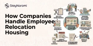 Illustration of how companies handle employee relocation housing, showing steps from planning to move-in.