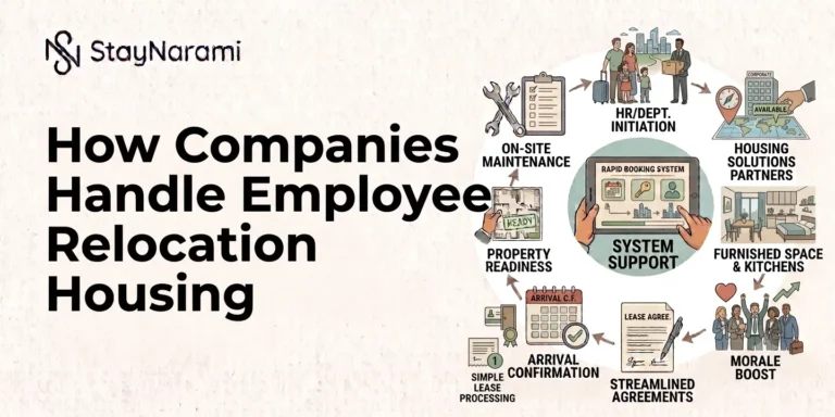 Illustration of how companies handle employee relocation housing, showing steps from planning to move-in.