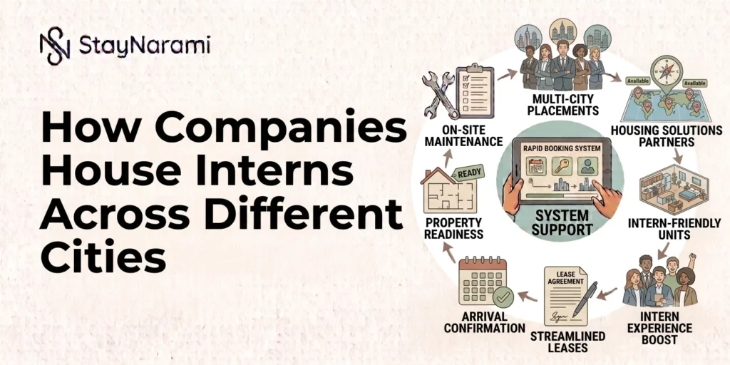 Illustration of how companies house interns across different cities, showing furnished apartments in multiple locations.