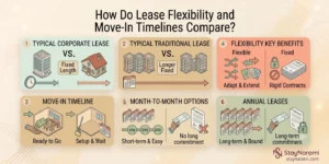 Side-by-side comparison of a flexible short-term lease and a standard fixed-term lease, with a timeline showing move-in stages and the points where each lease type gives the tenant room to adjust.