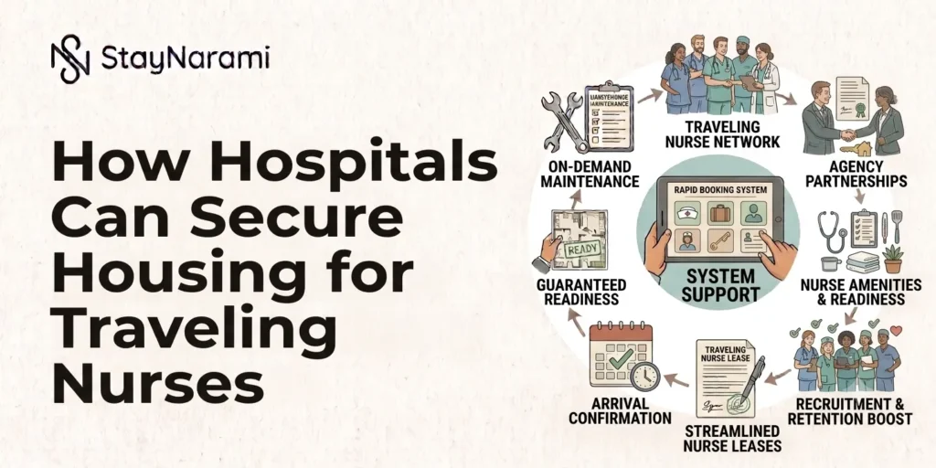 Illustration of how hospitals can secure housing for traveling nurses, showing furnished stays near the facility.