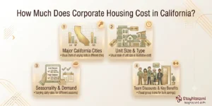 Illustration of how much corporate housing costs in California, showing a map of California with price tags on furnished apartments in different cities.