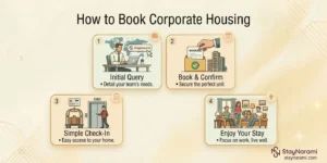 Illustration of how to book corporate housing, showing steps from searching and choosing a stay to confirming the booking.
