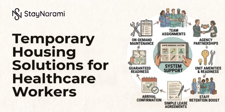 Illustration of temporary housing solutions for healthcare workers, showing furnished stays near hospitals and clinics.