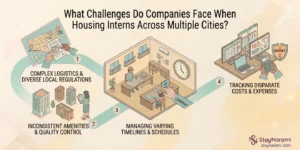 Illustration of a map with several city pins connected to a central company hub, with warning icons marking common challenges such as budget gaps, scheduling conflicts, and uneven housing quality.