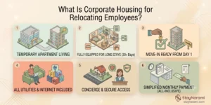 Illustration showing a furnished apartment with a relocating employee’s belongings, a key handover, and a calendar marking a multi-month lease, representing corporate housing for relocating employees.