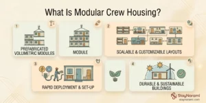 Illustration of modular crew housing, showing prefabricated living units set up near a work site.
