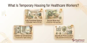 Illustration of temporary housing for healthcare workers, showing a furnished apartment near a hospital with icons for a bed, kitchen, and Wi-Fi.