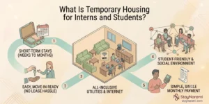 Illustration of a shared bedroom in a student residence with a desk, a single bed, and a small suitcase, with a calendar showing a summer internship period.