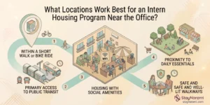 Illustration of a city map with a central office building, surrounding neighborhoods marked by walking and transit distances, and a shortlist of housing options near the office.