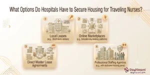 Illustration of the options hospitals have to secure housing for traveling nurses, showing a hospital building connected to furnished apartments, a housing stipend, and a corporate housing partner.
