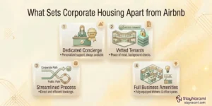Illustration comparing corporate housing and Airbnb, showing a furnished corporate apartment next to a vacation rental listing.