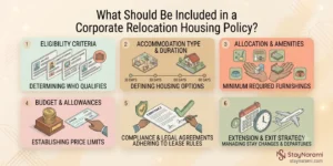 Illustration of a policy document with housing categories, approval checkmarks, and a budget chart, representing the key elements of a corporate relocation housing policy.