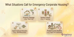 Illustration of situations that call for emergency corporate housing, showing icons for a house fire, storm damage, and an urgent work assignment next to a furnished apartment.