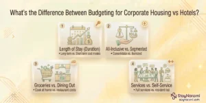 Illustration comparing budgeting for corporate housing and hotels, showing a cost breakdown for a furnished apartment next to a hotel stay.