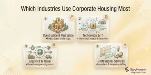 Illustration of the industries that use corporate housing most, showing icons for healthcare, construction, film, sports, and relocation.