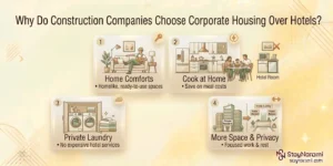 Illustration of why construction companies choose corporate housing over hotels, showing a furnished apartment for crews next to a hotel room.